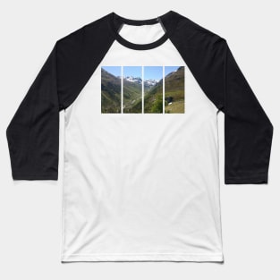 A shot on the move from the driver window of an electric car with snow-covered alps mountains in front of it. Sunny summer day. POV first person view shot on a mountain road. Italy Baseball T-Shirt